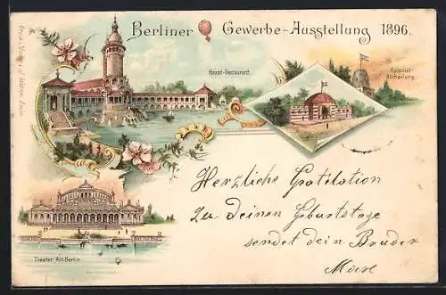 Lithographie Berlin, Gewerbe-Ausstellung 1896, Haupt-Restaurant, Kolonial-Abteilung