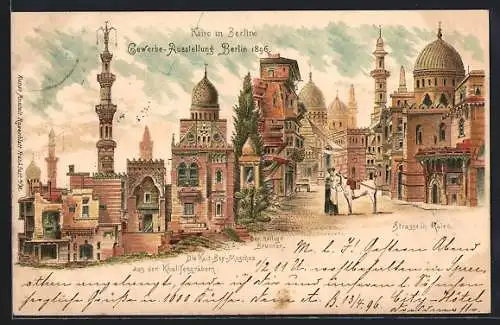 Lithographie Berlin, Gewerbe-Ausstellung 1896, Kairo in Berlin, Strasse in Kairo, Die Kait-Bey-Moschee