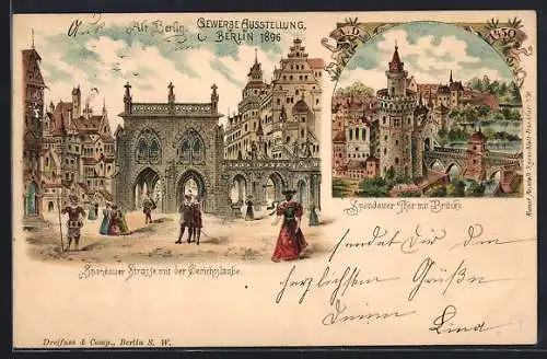 Lithographie Berlin, Gewerbe-Ausstellung 1896, Spandauer Strasse mit der Gerichtslaube