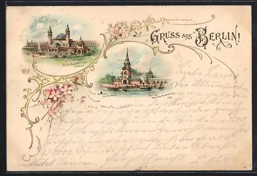 Lithographie Berlin, Gewerbe-Ausstellung 1896, Gebäude für Fischerei, Haupt-Ausstellungsgebäude