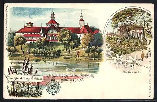 Lithographie Hamburg, Allgemeine Gartenbau Ausstellung 1897, Haupt-Ausstellungs-Gebäude und Sennhütte