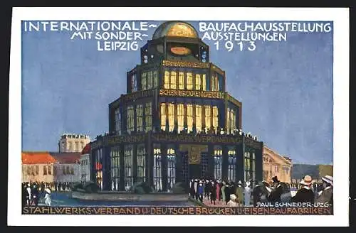 Künstler-AK Leipzig, Internationale Baufachaustellung 1913, Palast des Stahlwerkverbandes