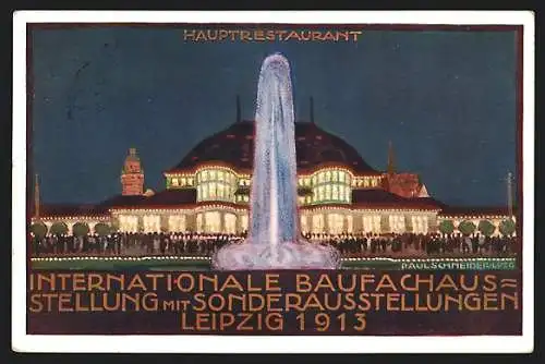 Künstler-AK Leipzig, Internationale Baufachausstellung 1913, Hauptrestaurant