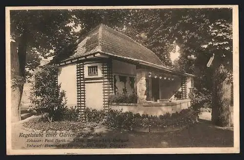 AK Stuttgart, Bauaustellung 1908, Kegelstube einer Garten-Kegelbahn