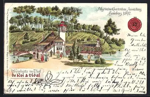 Lithographie Hamburg, Allgemeine Gartenbau-Ausstellung 1897, Weinhütte im Thal