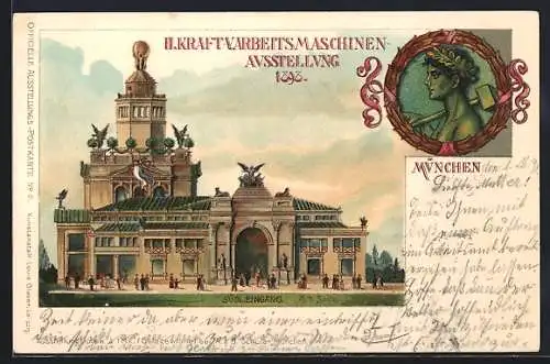 Lithographie München, II. Kraft- und Arbeitsmaschinen-Ausstellung 1898, Südlicher Eingang