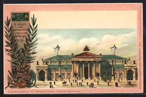 Lithographie München, II. Kraft- & Arbeitsmaschinen-Ausstellung1898 Hauptportal