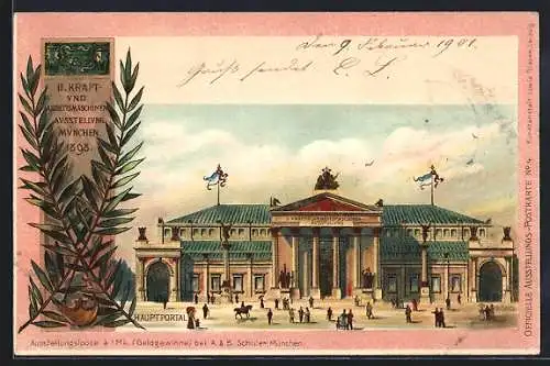 Lithographie München, II. Kraft- & Arbeitsmaschinen-Ausstellung1898 Hauptportal