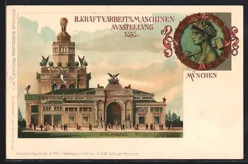 Lithographie München, II. Kraft- und Arbeitsmaschinen-Ausstellung 1898, Südlicher Eingang