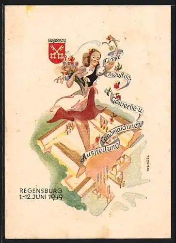 AK Regensburg, Grosse Industrie-, Gewerbe- und Landmaschinen-Ausstellung 1949, Mädchen mit Blumenstrauss