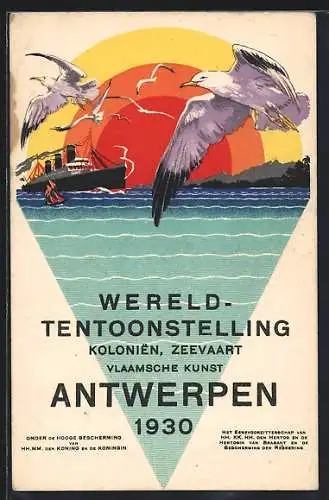 AK Antwerpen, Wereld-Tentoonstelling Vlaamsche Kunst 1930, Dampfer, Möwen