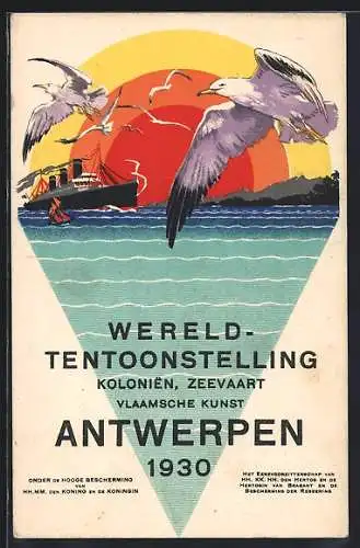 AK Antwerpen, Wereld-Tentoonstelling Vlaamsche Kunst 1930, Dampfer, Möwen