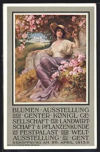 Künstler-AK Gand, Exposition Universelle 1913, Dame im Schatten eines Rosenbusches