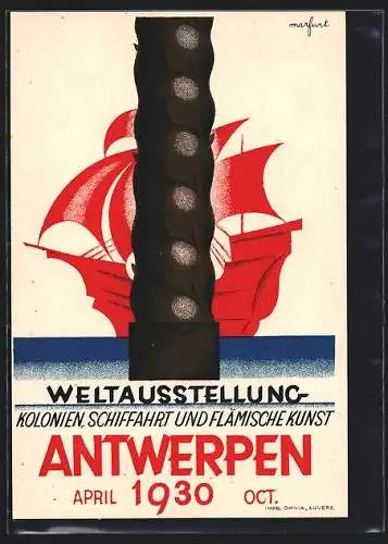 AK Antwerpen, Weltausstellung Kolonien, Schiffahrt und Flämische Kunst 1930, Segelschiff hinter der Säule