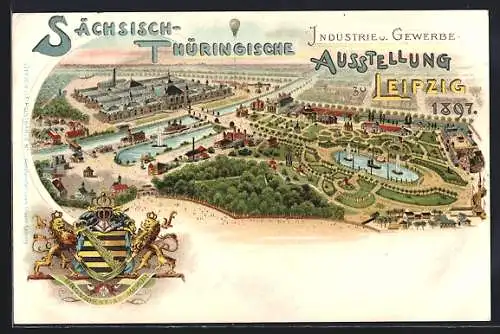 Lithographie Leipzig, Sächsisch-Thüringische Industrie- und Gewerbe-Ausstellung 1897, Ballon, Wappen