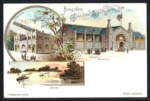 Lithographie Berlin, Gewerbe-Ausstellung 1896, Riesenfernrohr, Gebäude für Gas-Industrie