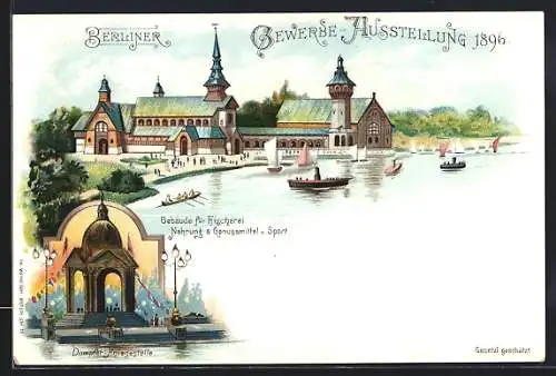 Lithographie Berlin, Gewerbe-Ausstellung 1896, Gebäude f. Fischerei u. Sport, Dampferanlegestelle, Segelboote