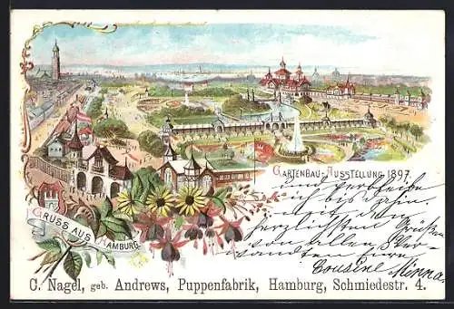 Lithographie Hamburg, Gartenbau-Ausstellung 1897, Ortspartie aus der Vogelschau