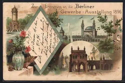 Lithographie Berlin, Gewerbe-Ausstellung 1896, Turm, Ausstellungshalle