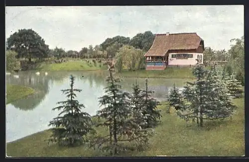 AK Regensburg, Oberpfälzische Kreisausstellung 1910, Blick auf Haus am See