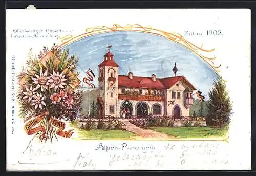 Lithographie Zittau, Oberlausitzer Gewerbe- u. Industrie-Ausstellung 1902, Gasthaus Alpen-Panorama