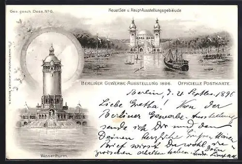 Lithographie Berlin, Gewerbe Ausstellung 1896, Wasserturm, Neuer See u. Haupt-Ausstellungsgebäude