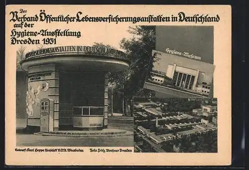 AK Dresden, Hygiene Ausstellung 1931, Verband der Öffentl. Lebensversicherungsanst., Versch. Motive vom Hygiene Museum