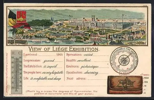 Lithographie Liége, Exhibition 1905, Panorama, Thermometer, Barometer