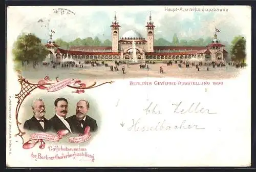 Lithographie Berlin, Gewerbe-Ausstellung 1896, Haupt-Ausstellungsgebäude, Der Arbeitsausschuss