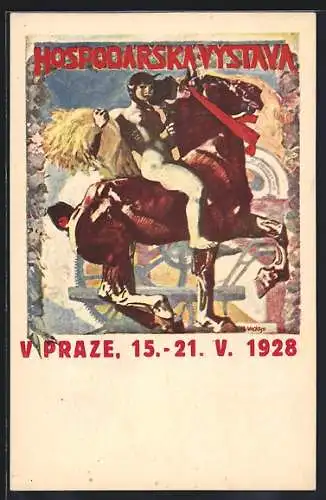 Künstler-AK Prag / Praze, Hospodarska Vystava, Ausstellung 1926, Nackte auf einem Pferd