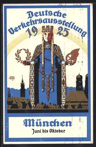 Künstler-AK sign.: Suchodolski: München, Deutsche Verkehrs-Ausstellung 1925, Karte Nr. 1