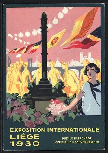 Künstler-AK Liége, Ausstellung / Exposition Internationale 1930, Besucher am Denkmal, Art Deco