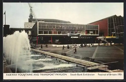 AK London, Festival of Britain 1951, South Bank Exhibition, Fairway Fountains and Transport Pavilion, Ausstellung