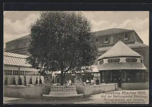 AK München, Ausstellung 1908, Hof der Nahrungsmittel-Abteilung, Frühstücksstube, Terrasse