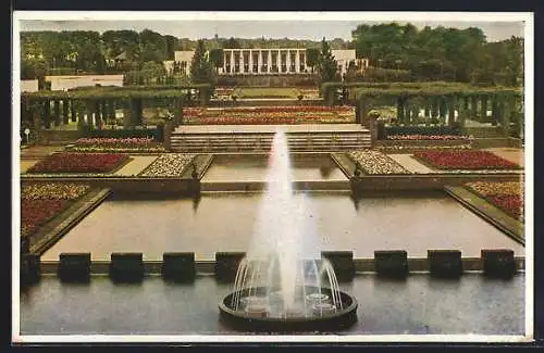 AK Essen, Reichsgartenschau / Ausstellung 1938, Grosse Fontäne mit Blick nach dem Rosenkaffee