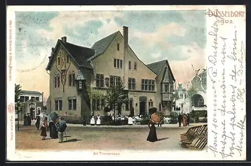 AK Düsseldorf, Ausstellung 1902, Alt-Triererhaus mit Besuchern