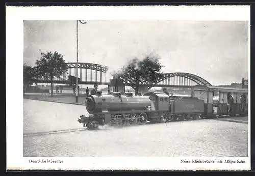 AK Düsseldorf, Ausstellung Gesolei, Neue Rheinbrücke mit Liliputbahn