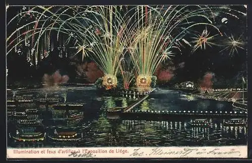 Künstler-AK Liège, Illumination et feux d`artifice à l`Exposition