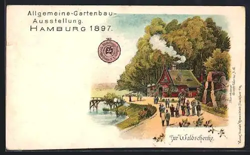 Lithographie Hamburg, Allgemeine Gartenbau-Ausstellung 1897, Gasthaus Zur Waldschenke