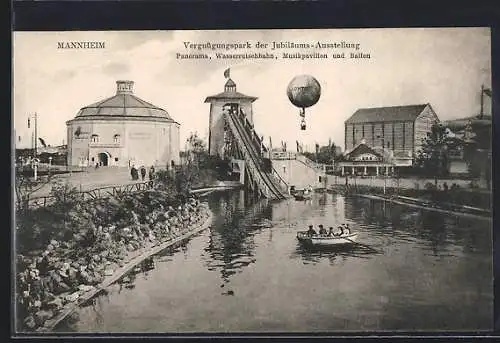 AK Mannheim, Vergnügungspark der Jubiläums-Ausstellung, Ballon, Wasserrutschbahn, Musikpavillon