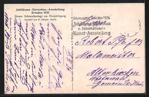 AK Dresden, Jubiläums-Gartenbau-Ausstellung 1926, Schmuckanlage am Haupteingang