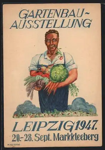 Künstler-AK Leipzig, Gartenbau-Ausstellung 1947, Bauer mit Feldfrüchten, DDR-Propaganda