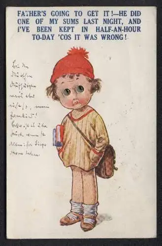 Glasaugen-AK Schulkind mit Büchern und Glasaugen