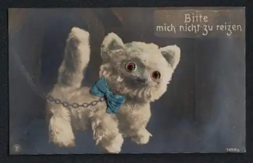 Glasaugen-AK Hund an der Kette mit blauer Schleife und Glasaugen