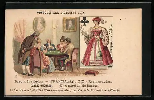 AK Baraja histórica, Francia, Restauración, Kreuz Dame beim Kartenspiel