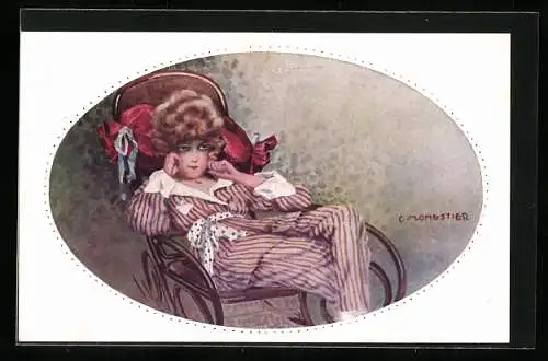 Künstler-AK C. Monestier: Dame lehnt sich auf einem Schaukelstuhl zurück