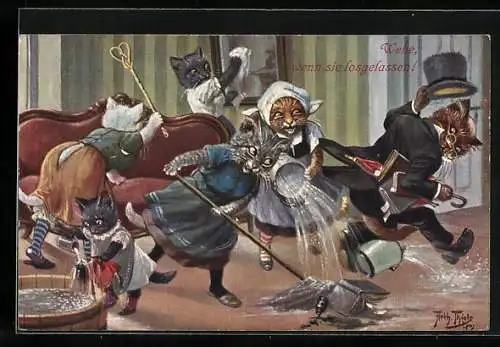 Künstler-AK A. Thiele: Frühlingsputz im Katzenhaushalt, alles wird nass