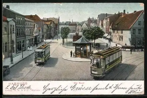 AK Harburg, Der Sand aus der Vogelschau, mit Strassenbahnen