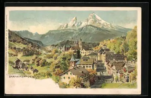 Künstler-AK Edward Harrison Compton: Berchtesgaden, Ortsansicht und Strassenpartie von oben