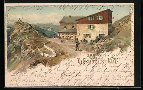 Künstler-AK Edward Theodore Compton: Gasthaus auf dem Wendelstein, Bergsteiger geniessen die Aussicht